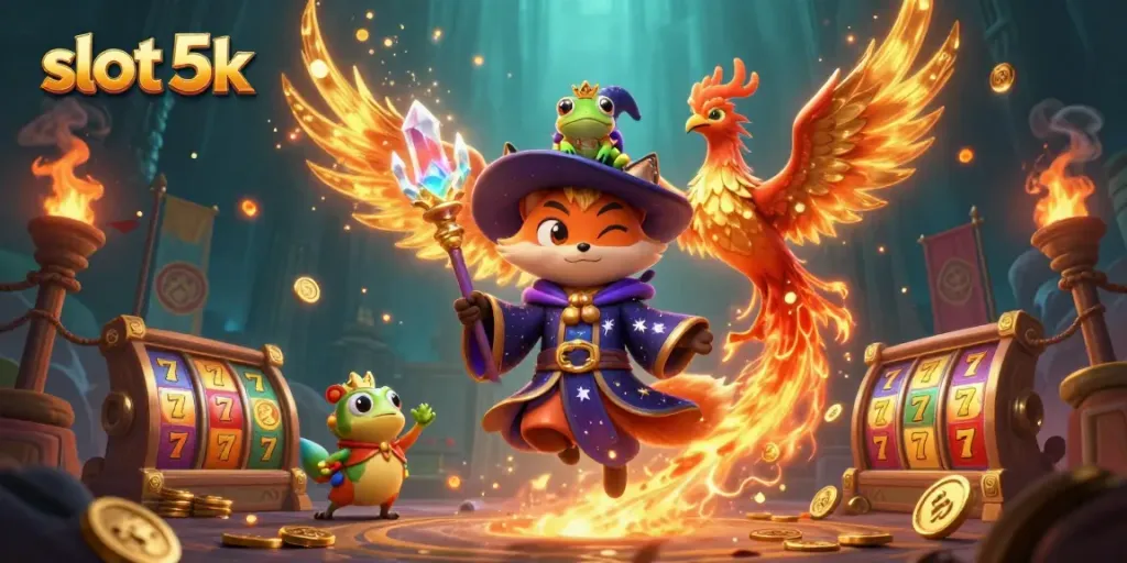 Engage in slot 5k action with a mystical wizard fox and fiery phoenix in a vibrant casino scene.