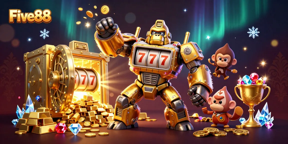 Engaging Five88 illustration showcasing a dynamic golden gorilla mech surrounded by casino treasures.