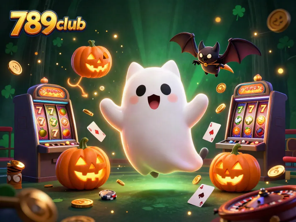 Engage with 789club in a vibrant casino scene featuring ghost cats, slot machines, and jackpots.
