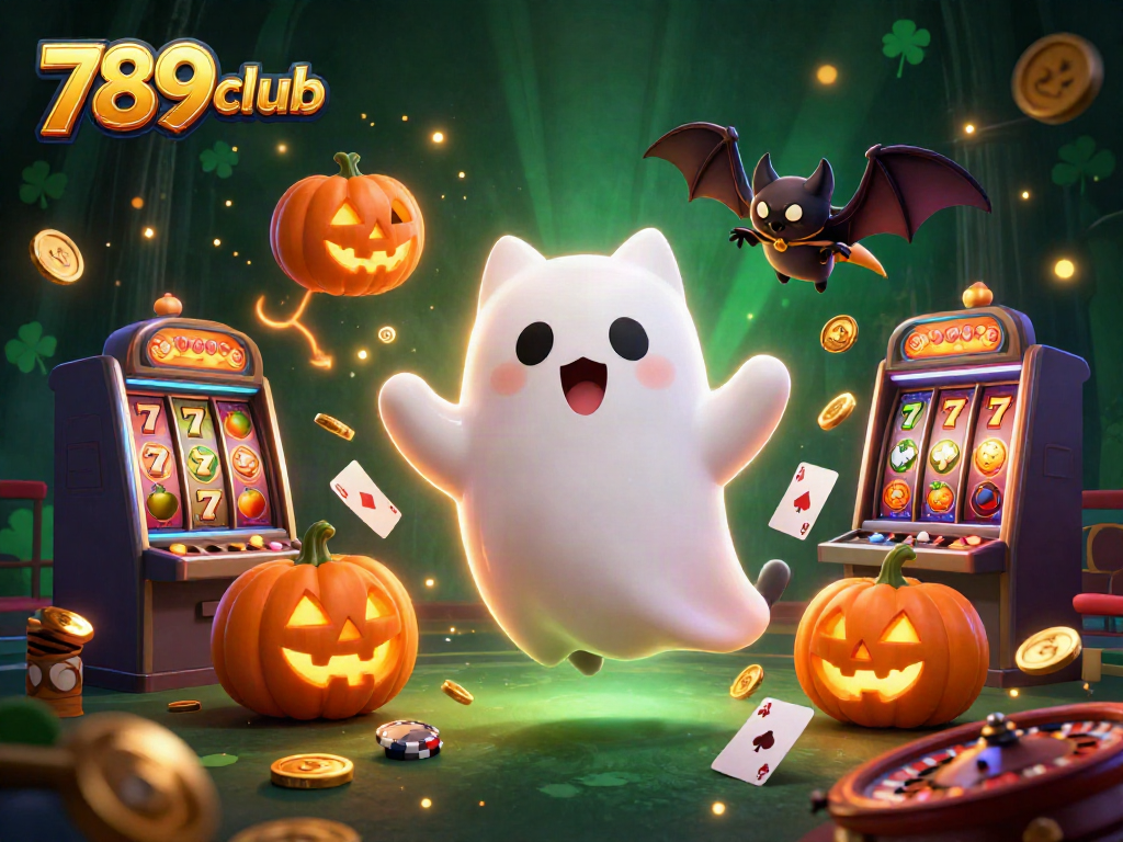 Engage with 789club in a vibrant casino scene featuring ghost cats, slot machines, and jackpots.