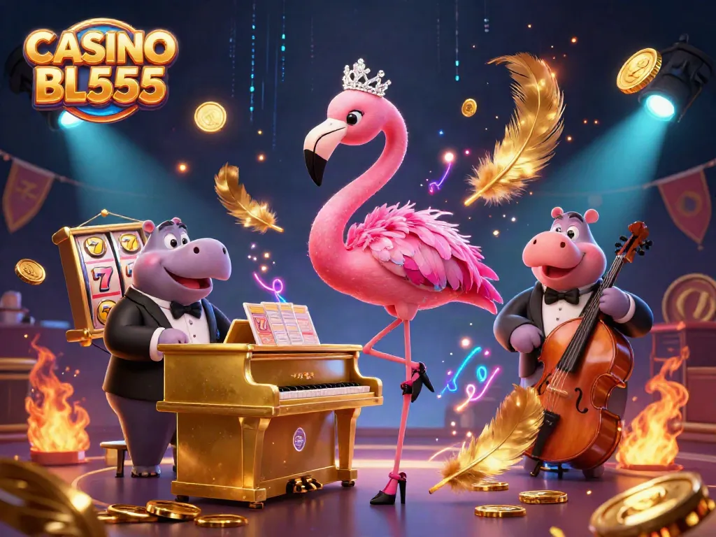 Experience the vibrancy of CASINO BL555 with a flamingo singer and hippo bassist in a lively casino scene.