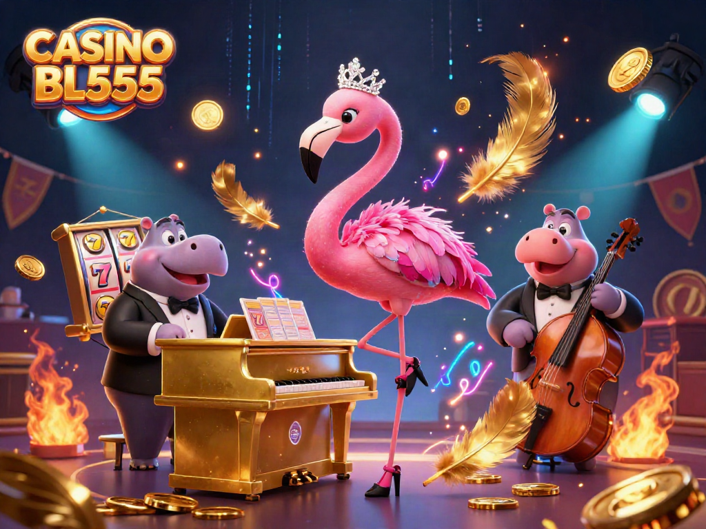 Experience the vibrancy of CASINO BL555 with a flamingo singer and hippo bassist in a lively casino scene.