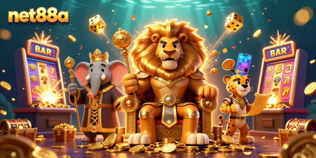 Experience net88a's gaming thrills with a vibrant 3D casino scene featuring a lion king and dynamic elements.