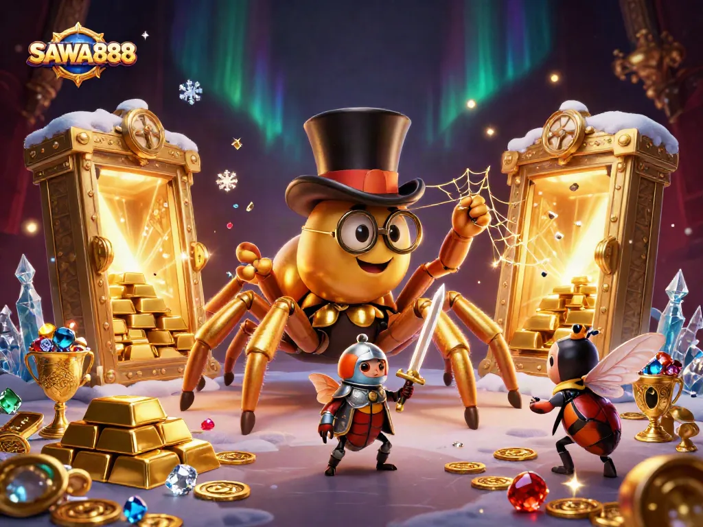 Engage with SAWA888 featuring a vibrant 3D casino illustration packed with dynamic characters and treasures.