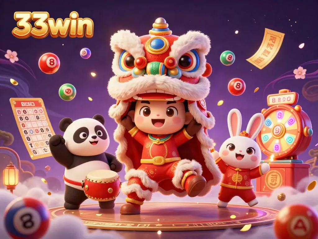 Experience the excitement of 33win in a vibrant 3D scene featuring lively characters and lottery elements.