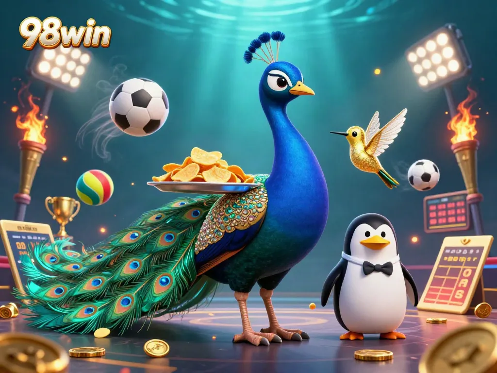 The 98win game showcases excitement with vibrant casino elements, featuring a luxurious peacock and energetic sports themes.