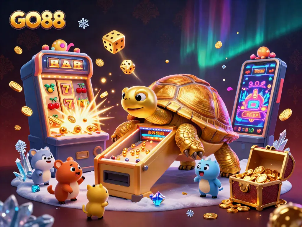 GO88 gaming scene with a golden tortoise pinball machine and jackpot slot explosion