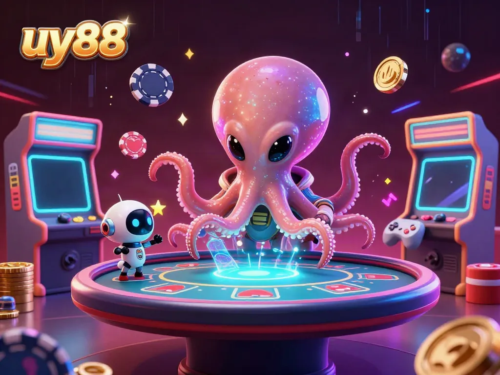 Engage with the thrilling gameplay of uy88 as an alien octopus operates a holographic poker table in a vibrant casino.