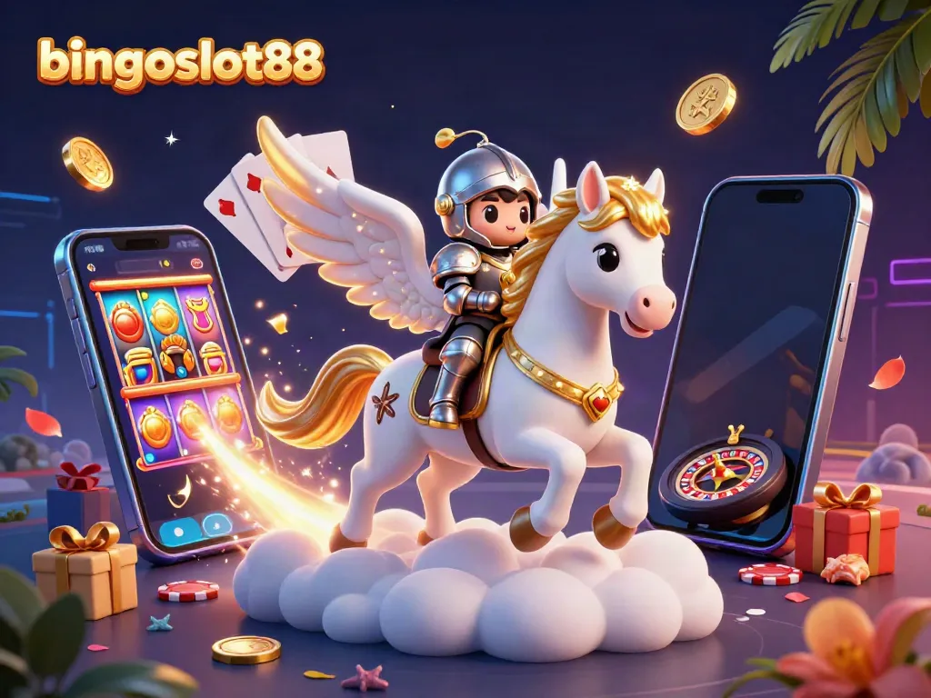 Gambarkan bingoslot88 dengan kuda bercahaya dan knight lucu, penuh permainan slot dan harta karun.