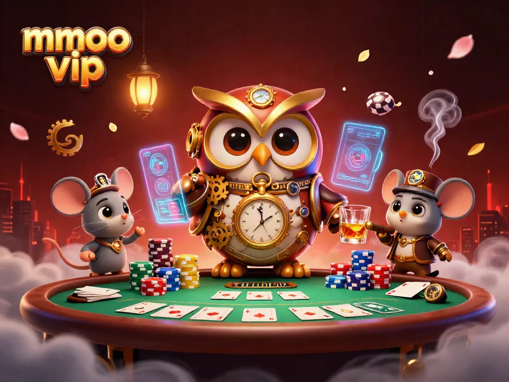 Experience mmoo vip with a thrilling scene of casino elements and characters in a vibrant 3D illustration.