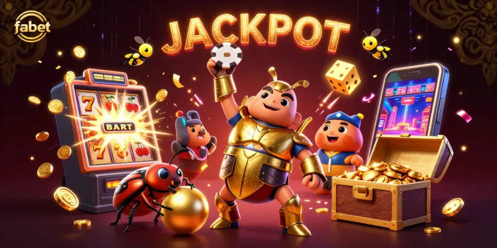Join the action at fabet with a victorious hercules beetle celebrating casino jackpots in a thrilling scene.
