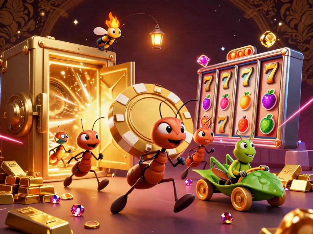 Experience the thrill of rezekitoto with a dynamic heist scene featuring ants stealing a golden poker chip.