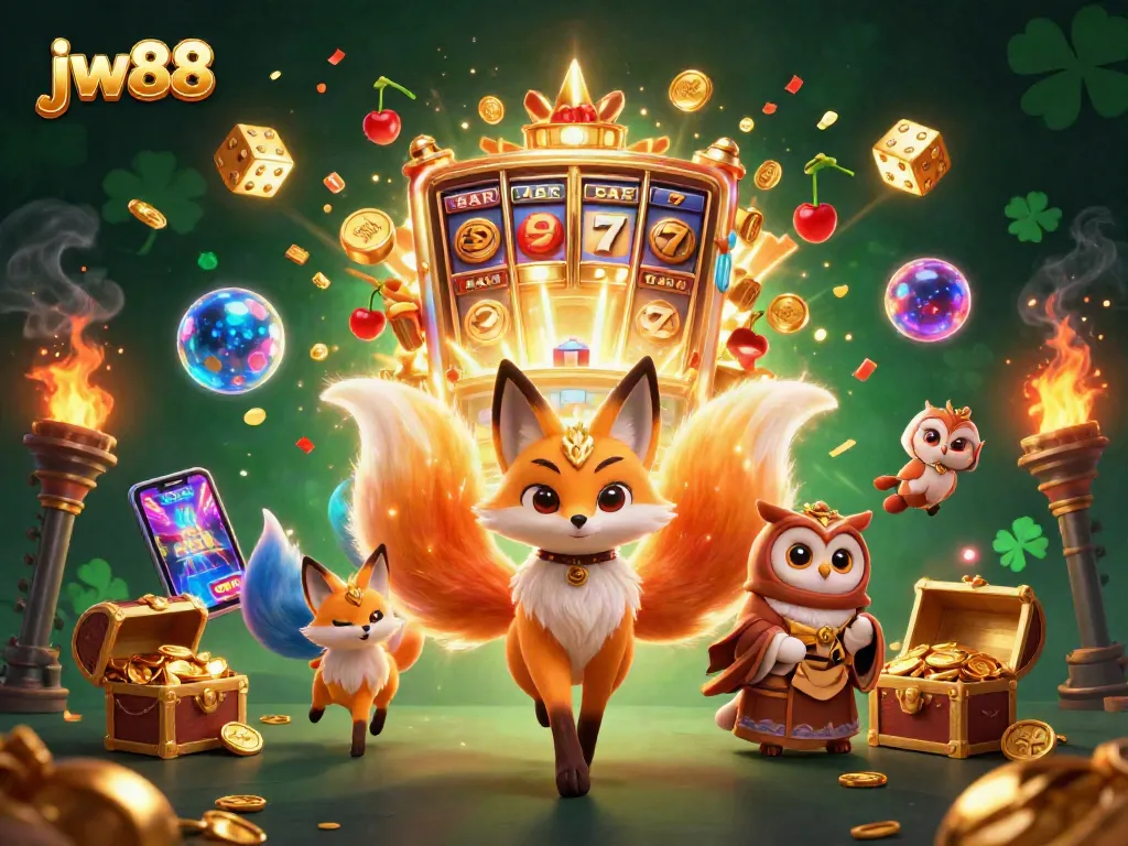 Experience jw88 with vibrant gaming elements and characters in a captivating casino-themed artwork.
