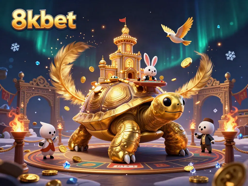 Experience the excitement at 8kbet with a vibrant casino scene featuring colorful elements and a rabbit dealer.