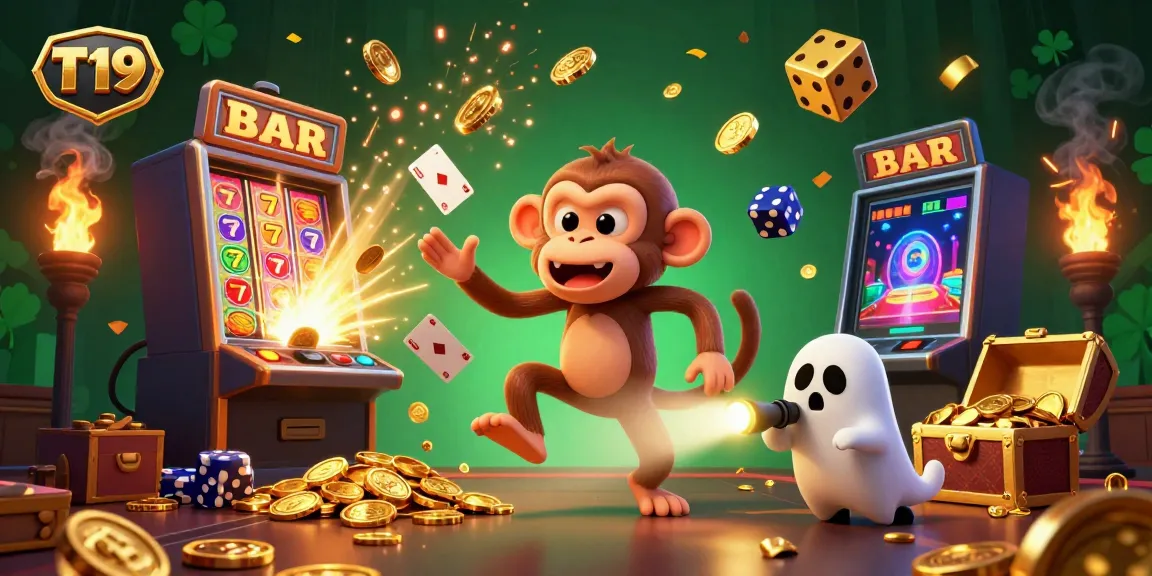 T19 casino action where a mischievous poltergeist monkey juggles golden coins and playing cards in a vibrant casino scene, enhancing the excitement.