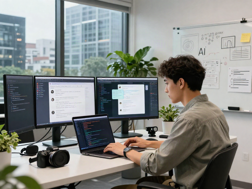 AI chat nsfw development scene with a developer coding in a modern workspace, multiple screens showing chat interfaces.