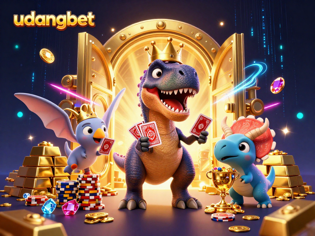 Experience excitement with udangbet in a vibrant 3D casino scene featuring playful dinosaurs.
