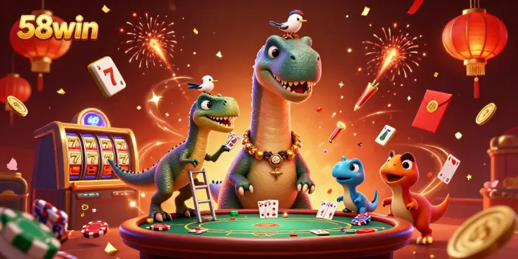 58win illustration showcases vibrant casino scene with a giant brontosaurus and raptor dealer.