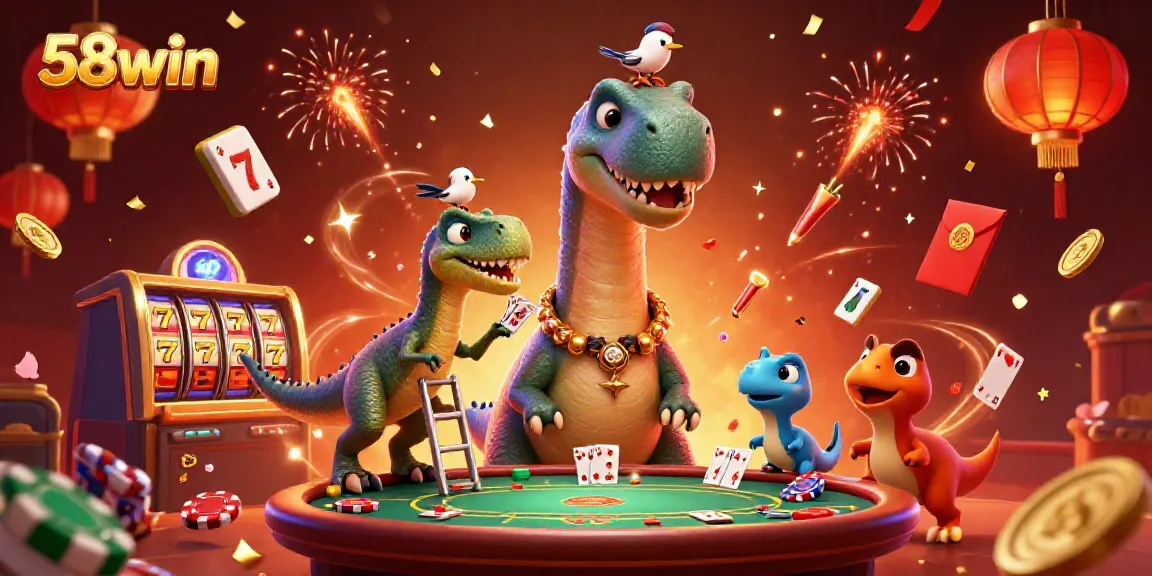 58win illustration showcases vibrant casino scene with a giant brontosaurus and raptor dealer.