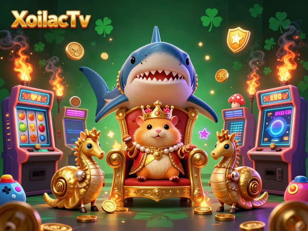 XoilacTv showcases a fierce golden hamster king amidst vibrant casino slots and arcade elements