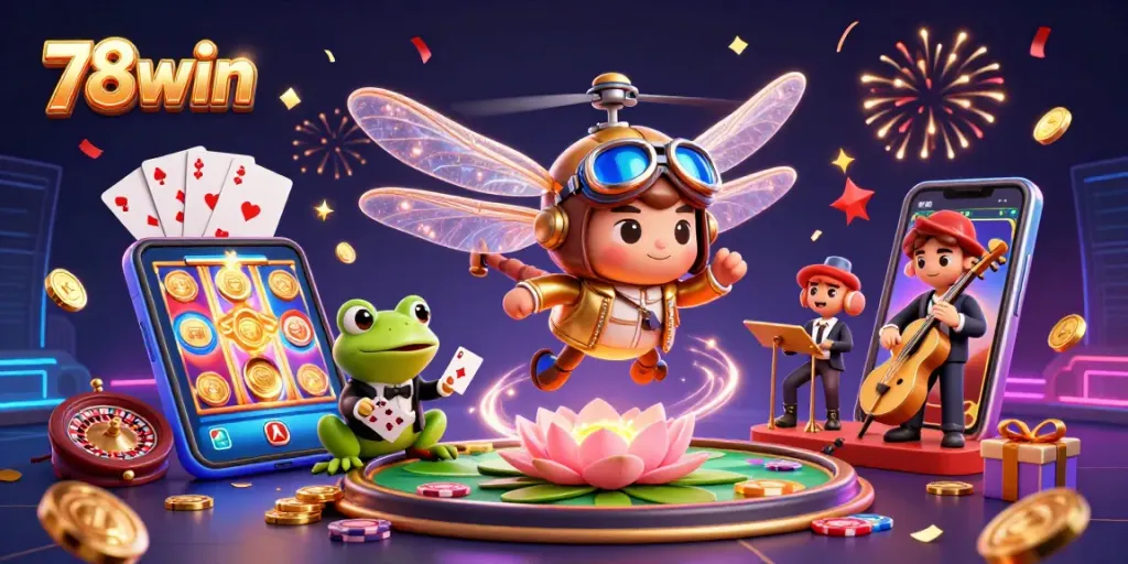 Experience thrilling action at the 78win casino with a vibrant dragonfly pilot and frog croupier.