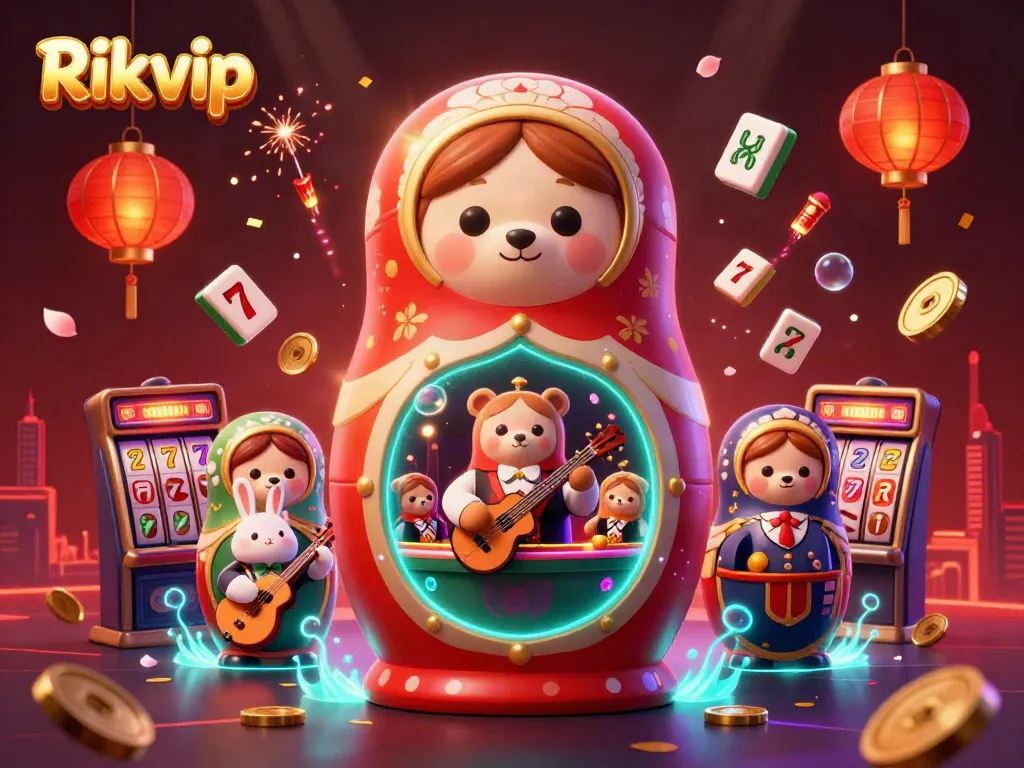 Experience thrilling slot action with Rikvip's vibrant 3D casino scene featuring playful cartoon bears and festive decorations.