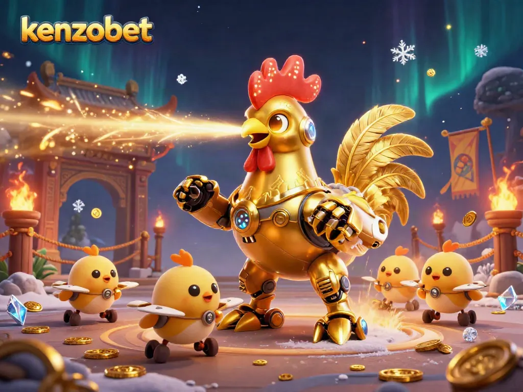 Play winning games at kenzobet with an engaging 3D illustration featuring robotic characters and dynamic casino elements.