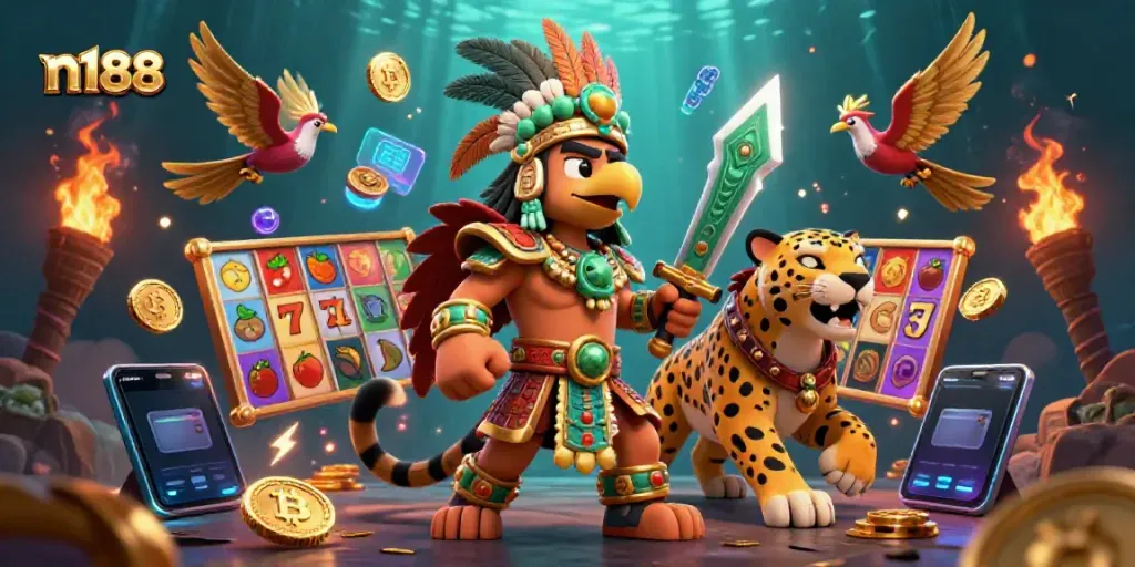 Engage with n188’s thrilling gaming experience featuring a vibrant Aztec warrior scene with colorful jackpots.