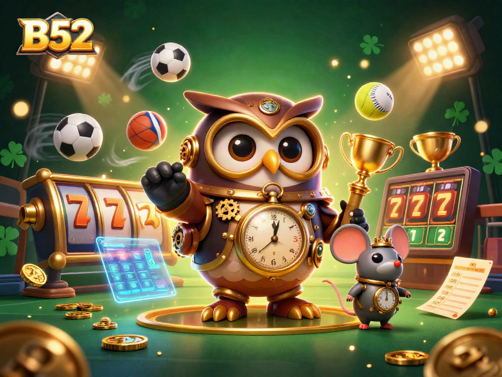 Experience the thrill of B52 slot adventures with time-traveling characters in a vibrant casino scene.