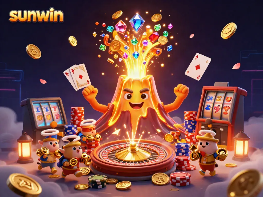 Experience the thrill of sunwin with vibrant 3D casino elements bursting with treasures and excitement.