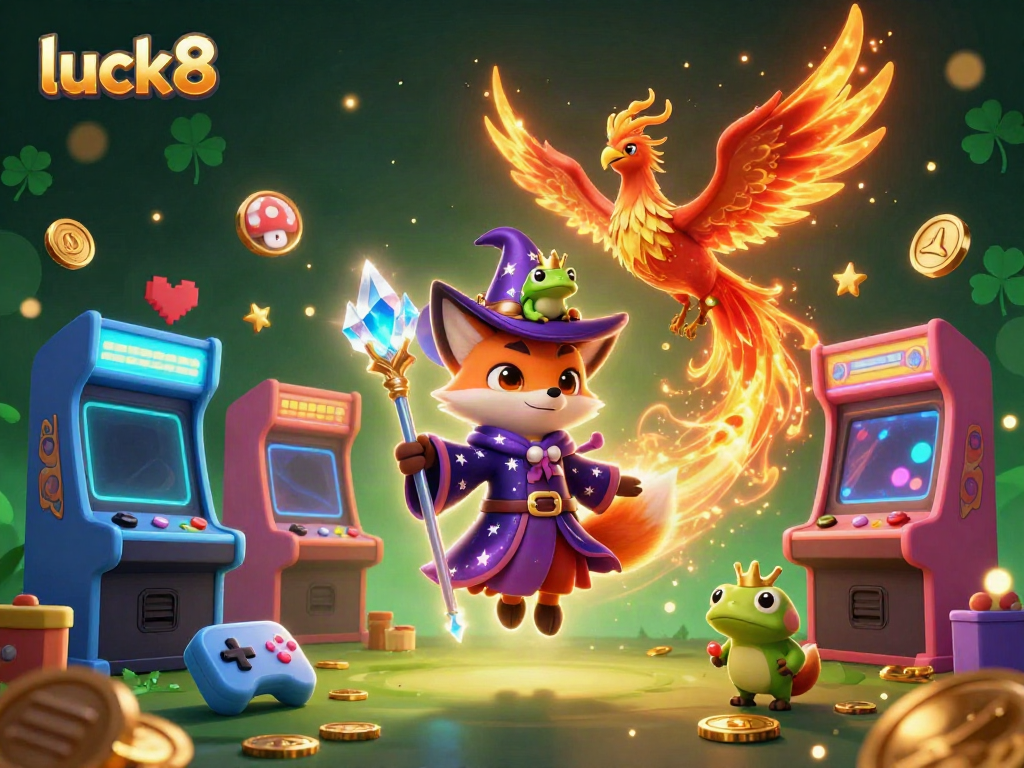 Experience luck8 with a vibrant 3D casino scene featuring magical characters, retro arcade games, and a dynamic atmosphere.