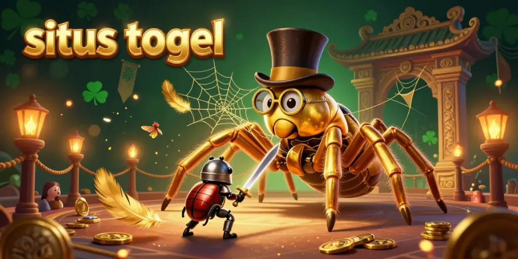 Engage with situs togel in an illustrated scene of a giant tarantula and beetle knight amid casino elements.