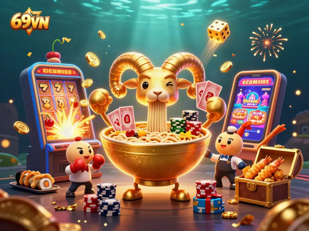 Experience exhilarating gaming with 69VN as a colorful ramen bowl character showcases thrilling casino activities.