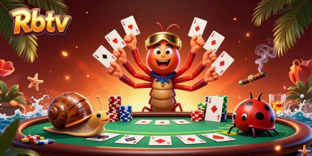 Rbtv menunjukkan dealer kartun dalam aksi, memperlihatkan permainan poker yang menarik dan penuh warna.