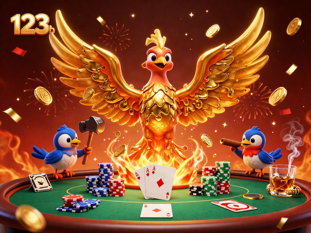 Experience thrilling wins with 123 b as molten gold coins rain from a golden phoenix at a vibrant poker table.