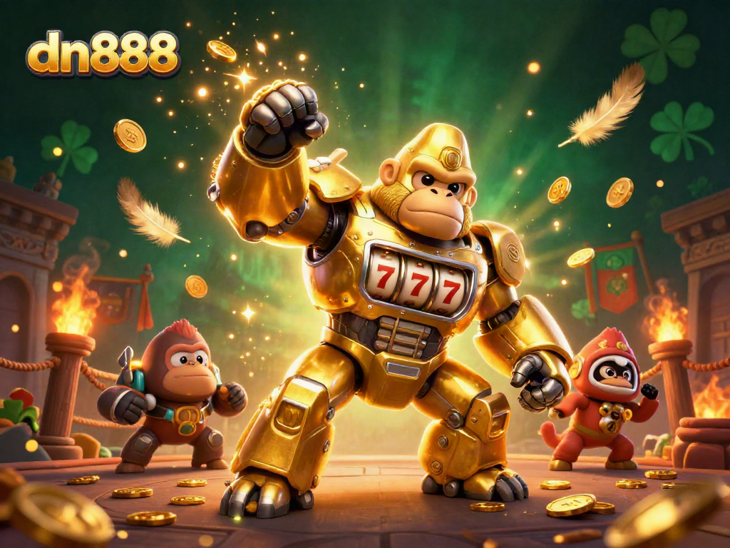 Experience exhilarating gameplay at dn888 with a powerful golden gorilla mech and vibrant casino elements.