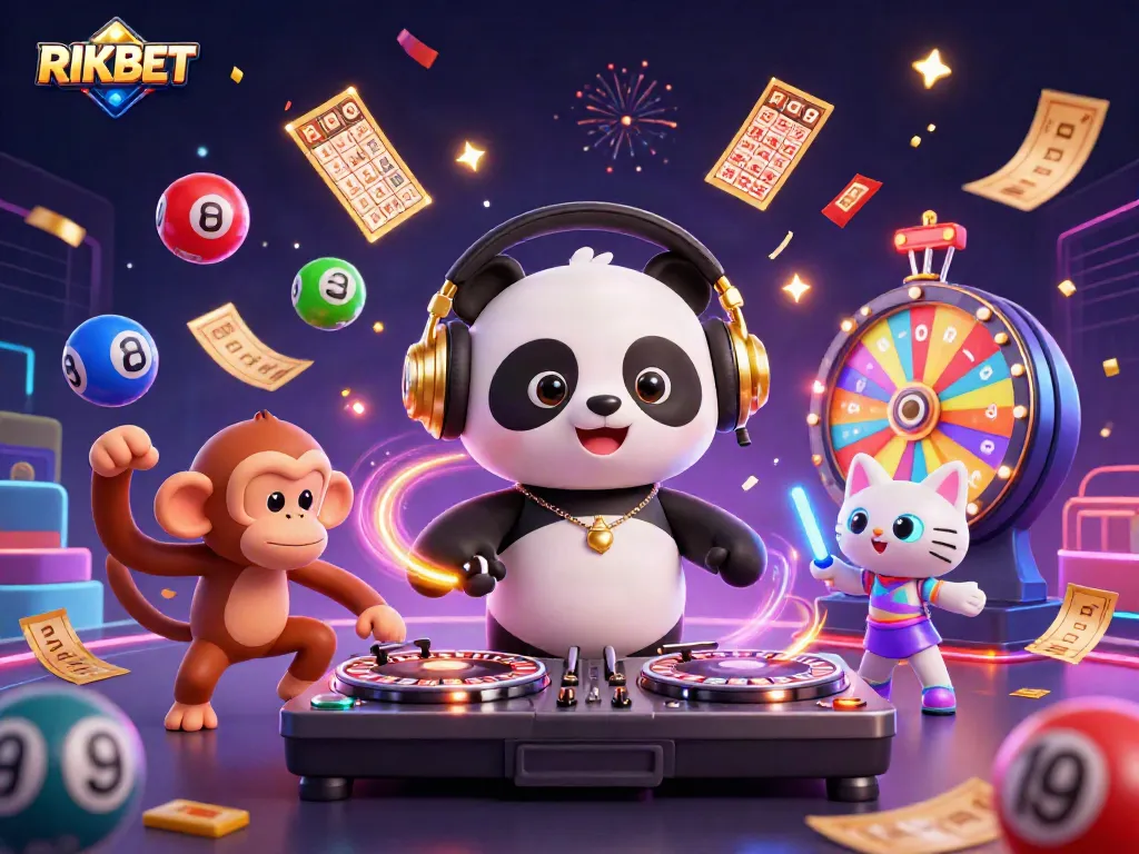 Spin and win big at RIKBET with vibrant casino-themed characters dancing in a dynamic gaming scene.