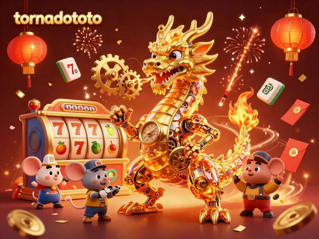 Engage with tornadototo's vibrant 3D golden dragon scene featuring spinning slot reels and dynamic casino elements.