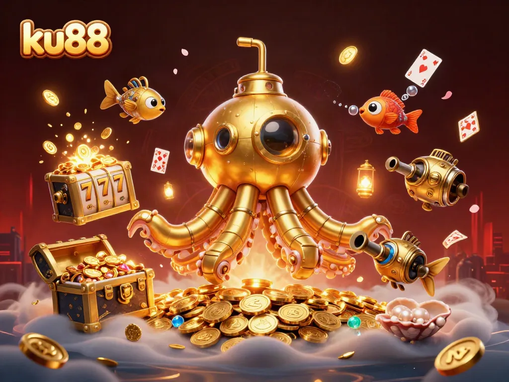 Experience thrilling slots and treasure with ku88's golden kraken submarine and vibrant underwater scene.