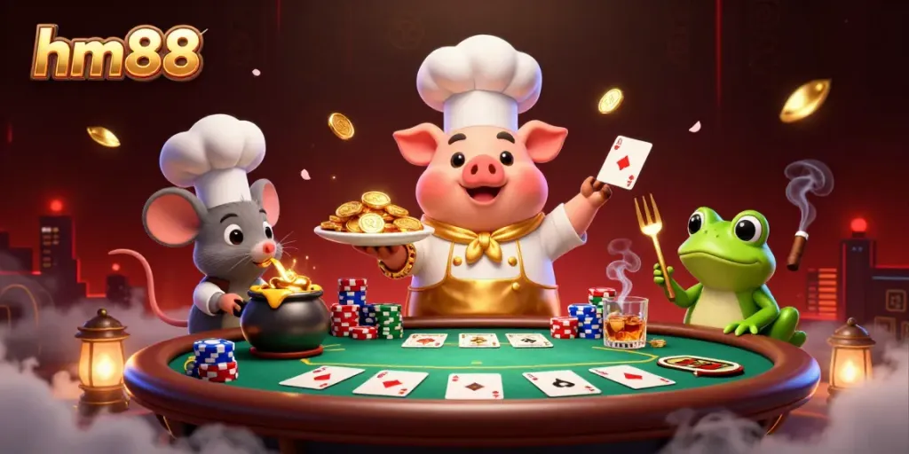 Experience the luxury of hm88 as a cartoon pig serves gold coins at a lively poker scene.
