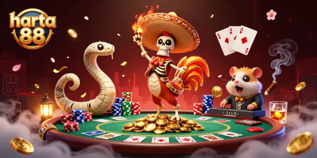 Experience the lively harta 88 celebration with a dancing mariachi rooster and poker elements!