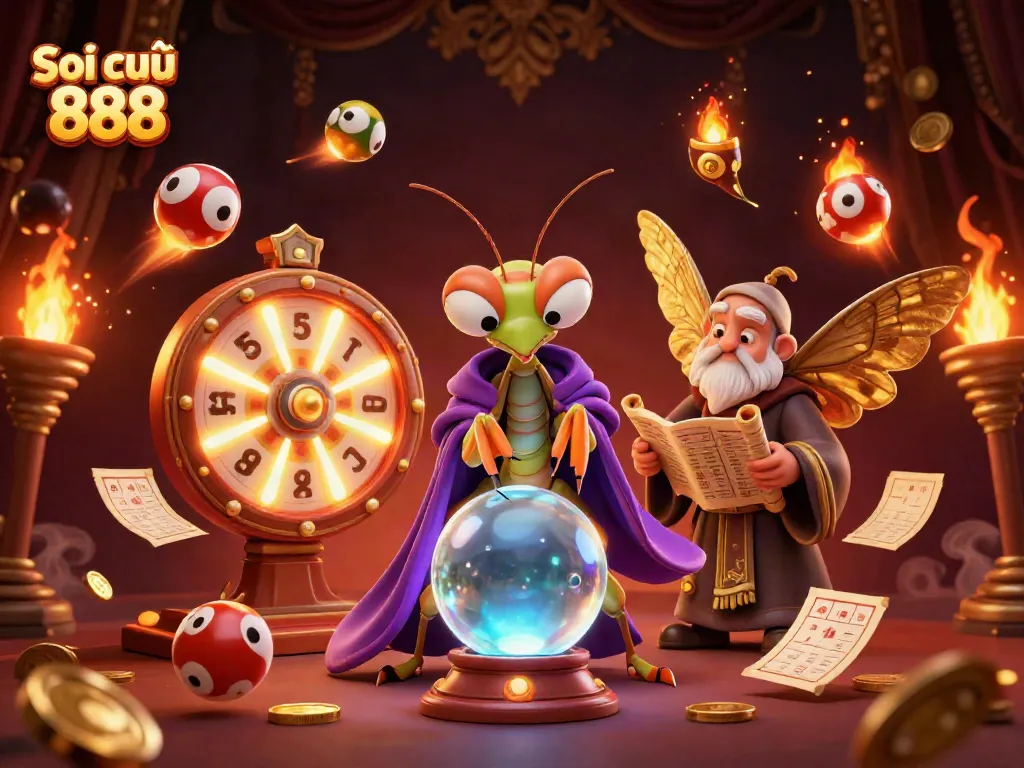 Experience the magic of Soi cầu 888 with vibrant lottery elements and mystical characters.