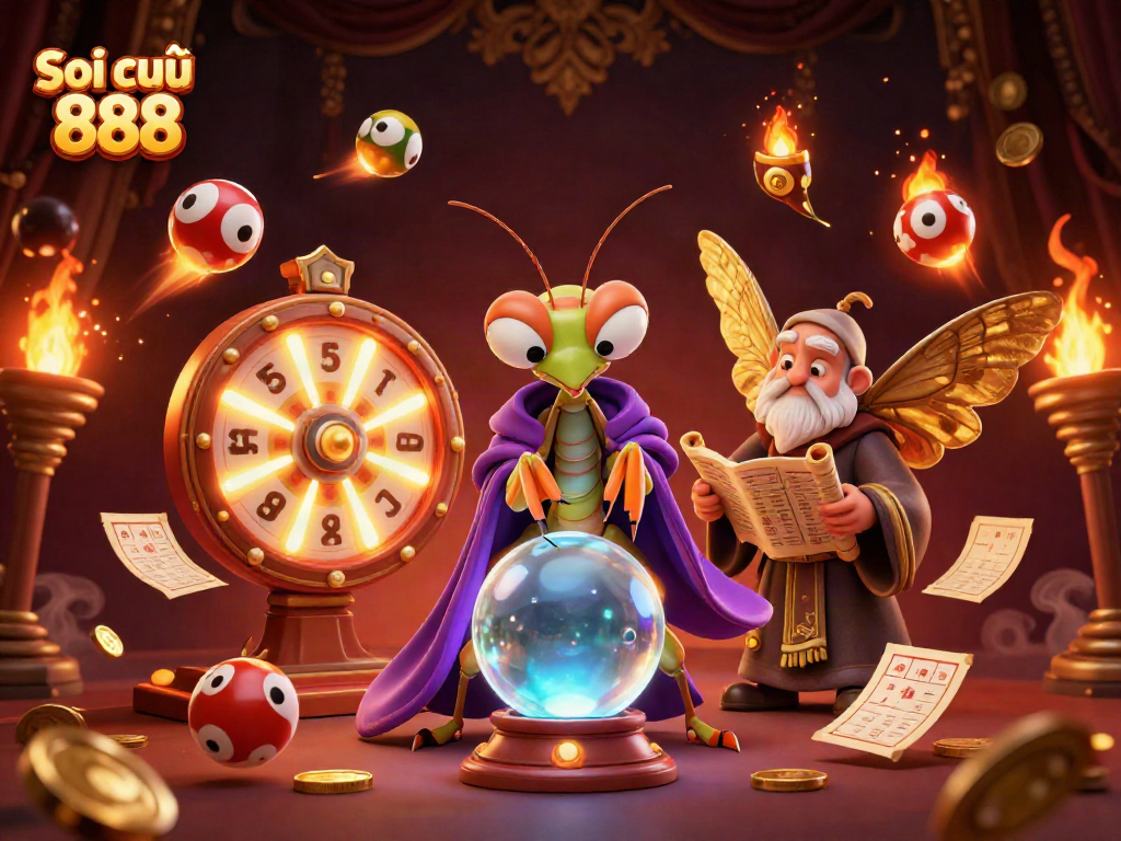 Experience the magic of Soi cầu 888 with vibrant lottery elements and mystical characters.