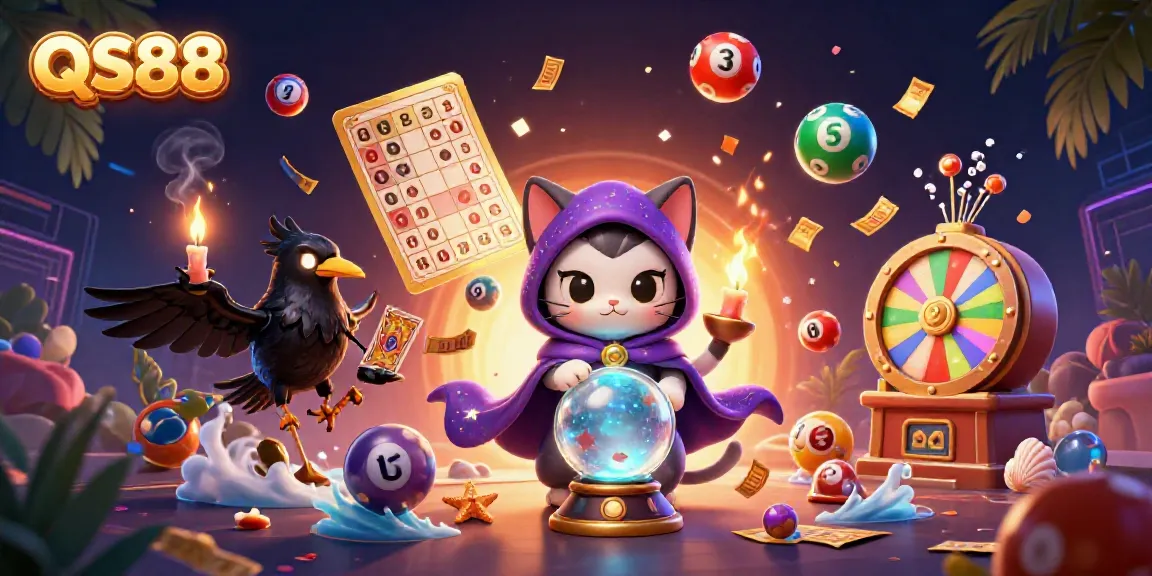 Experience thrilling games at QS88 with vibrant lottery balls, a mystic cat, and captivating casino elements.