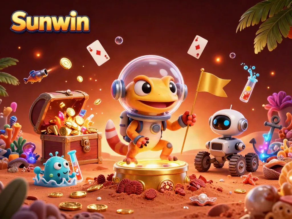 Sunwin players exploring a vibrant online casino scene filled with gold coins and glowing treasures.