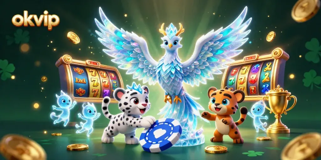 okvip showcases an enchanting 3D illustration of an ice phoenix and snow leopard in a vibrant casino setting.