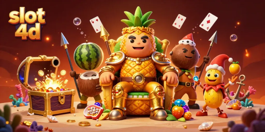 Menyusun strategi dan bermain slot 4d dengan raja nanas emas dan elemen kasino yang penuh warna.
