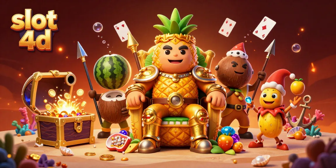 Menyusun strategi dan bermain slot 4d dengan raja nanas emas dan elemen kasino yang penuh warna.