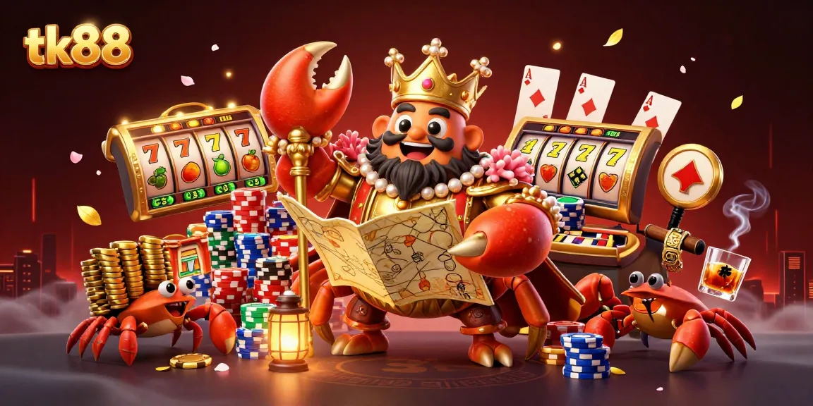 Engage in thrilling casino adventures with tk88's golden crab emperor amidst a lively jackpot stage.