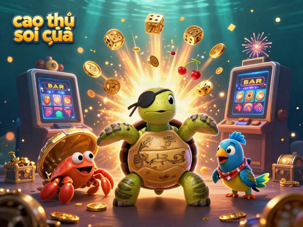 Cao thủ soi cầu vibrant 3D illustration featuring cartoon turtle and casino elements.